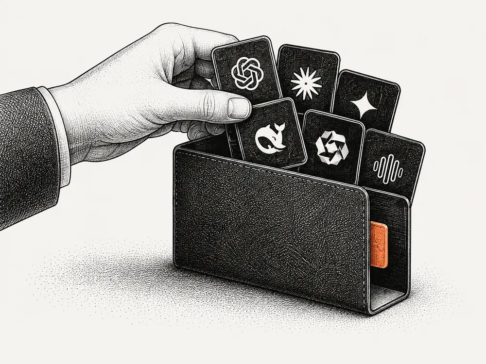 An engraved hand placing model cards in one folio