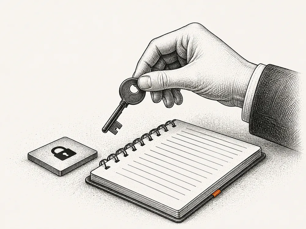 An engraved hand holding a key above a usage ledger